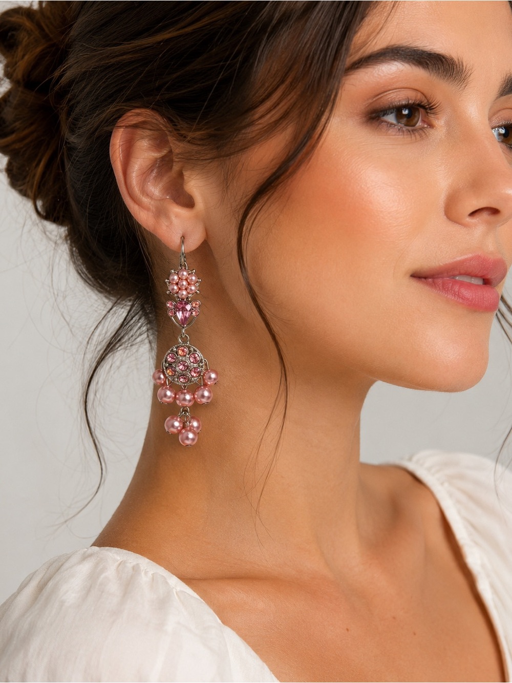Vintage Pink Faux Pearl & Rhinestone Chandelier Dangle Earrings